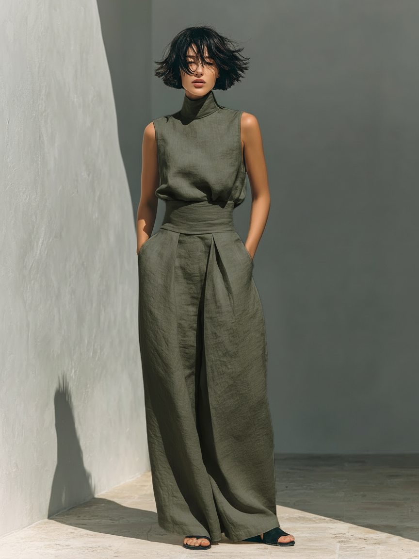 Tatiana | Kvinnors minimalistiska set i bomull och linne med ärmlös blus och vida byxor