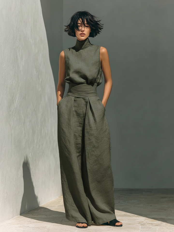Tatiana | Kvinnors minimalistiska set i bomull och linne med ärmlös blus och vida byxor