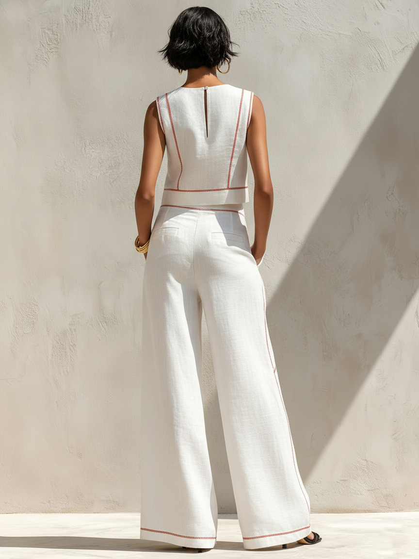 Leanne | Linneblandning byxset med kontraststygn