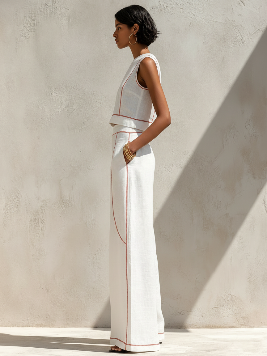 Leanne | Linneblandning byxset med kontraststygn