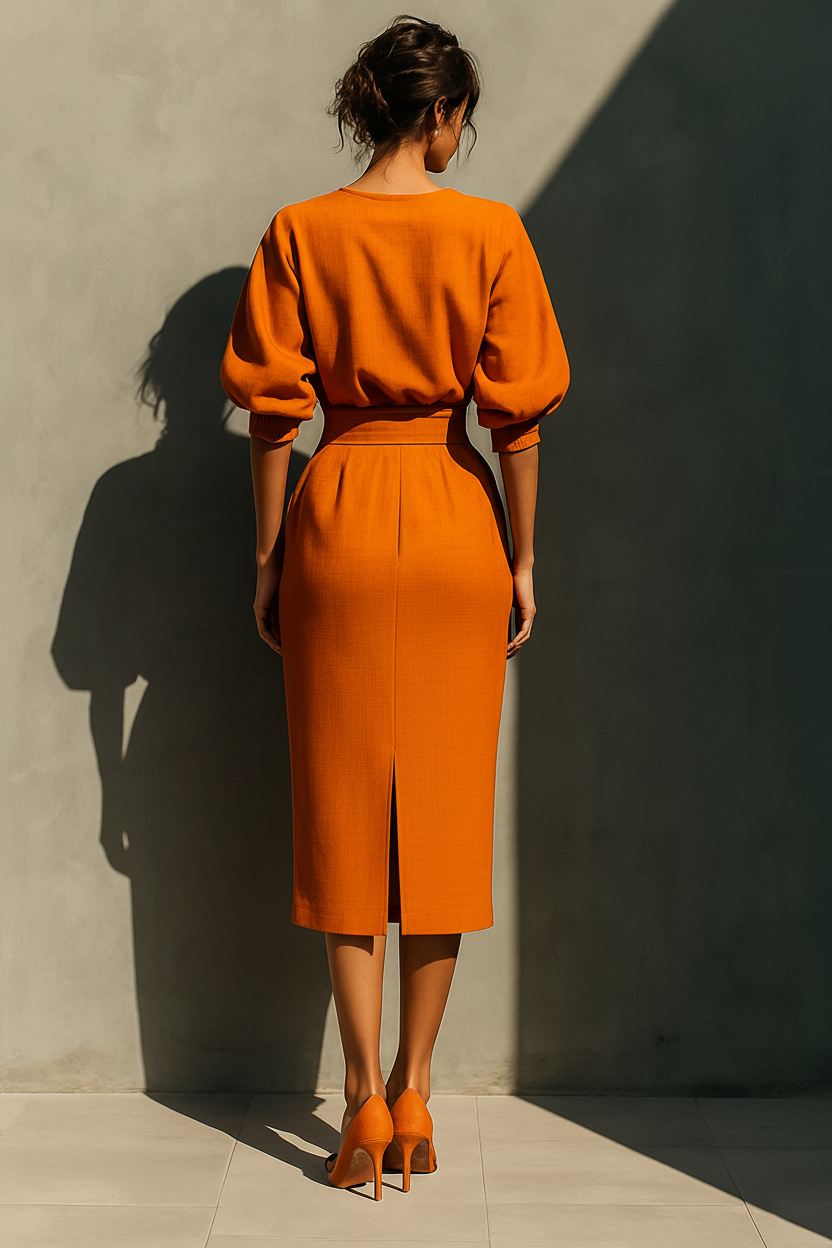 Tyra | Orange Midjemudd Top och Midi Kjol Set