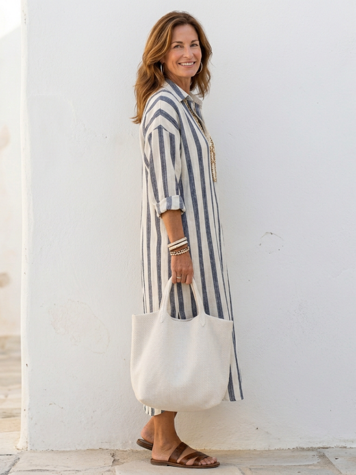 Nadia | Elegant Randig Midi Skjortklänning