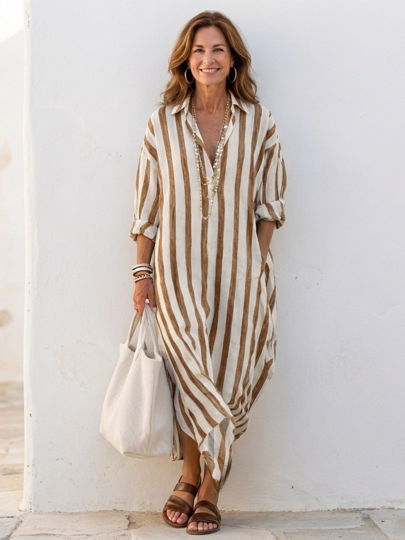 Nadia | Elegant Randig Midi Skjortklänning