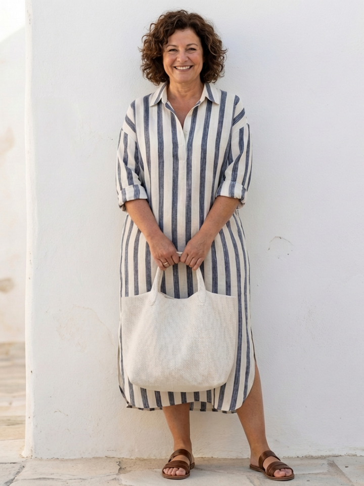 Nadia | Elegant Randig Midi Skjortklänning