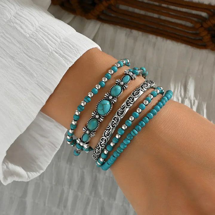 Boho-armbandsset med turkosa pärlor