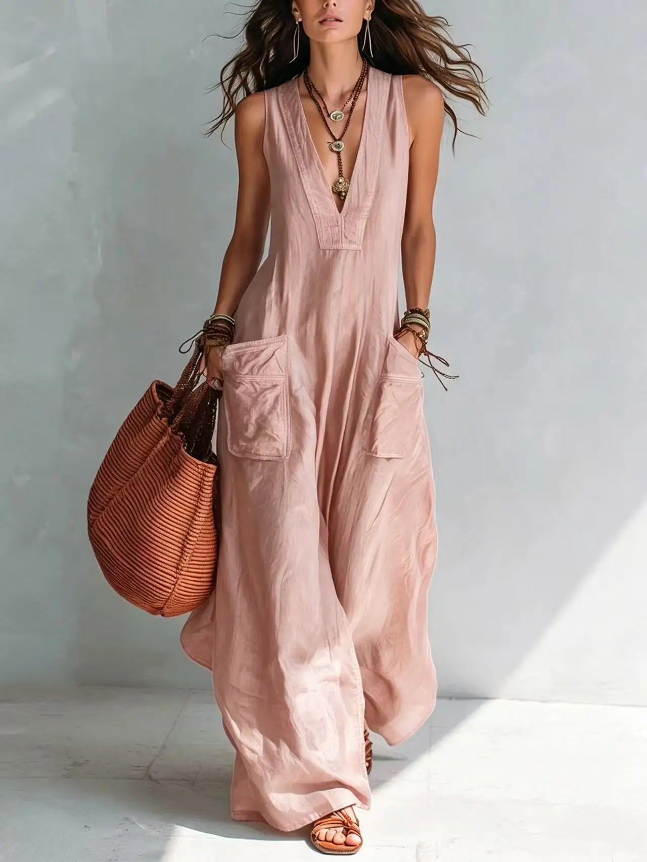 Eva | Lång bohemisk klänning med V-ringning