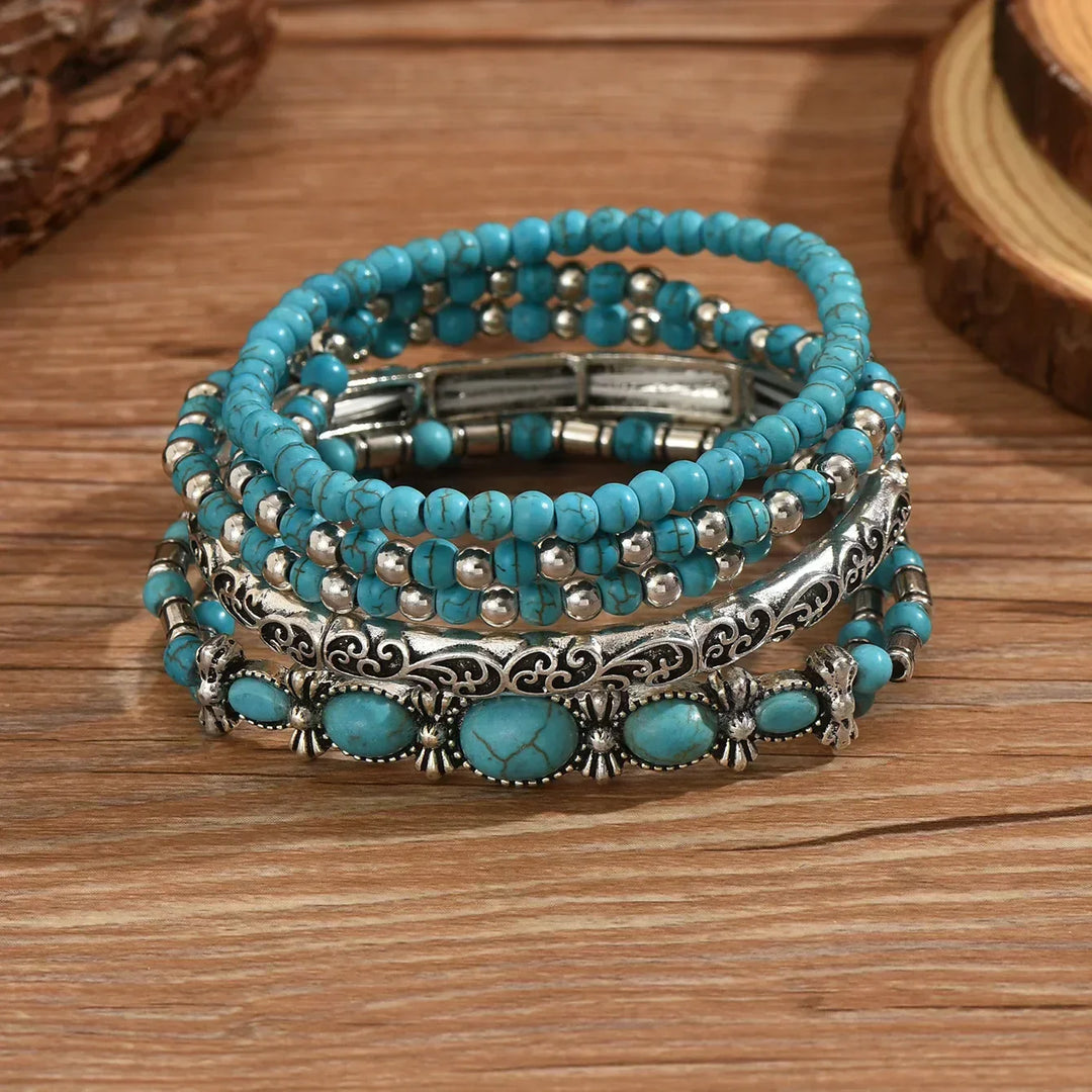 Boho-armbandsset med turkosa pärlor