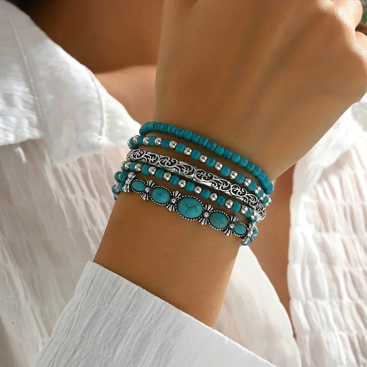 Boho-armbandsset med turkosa pärlor