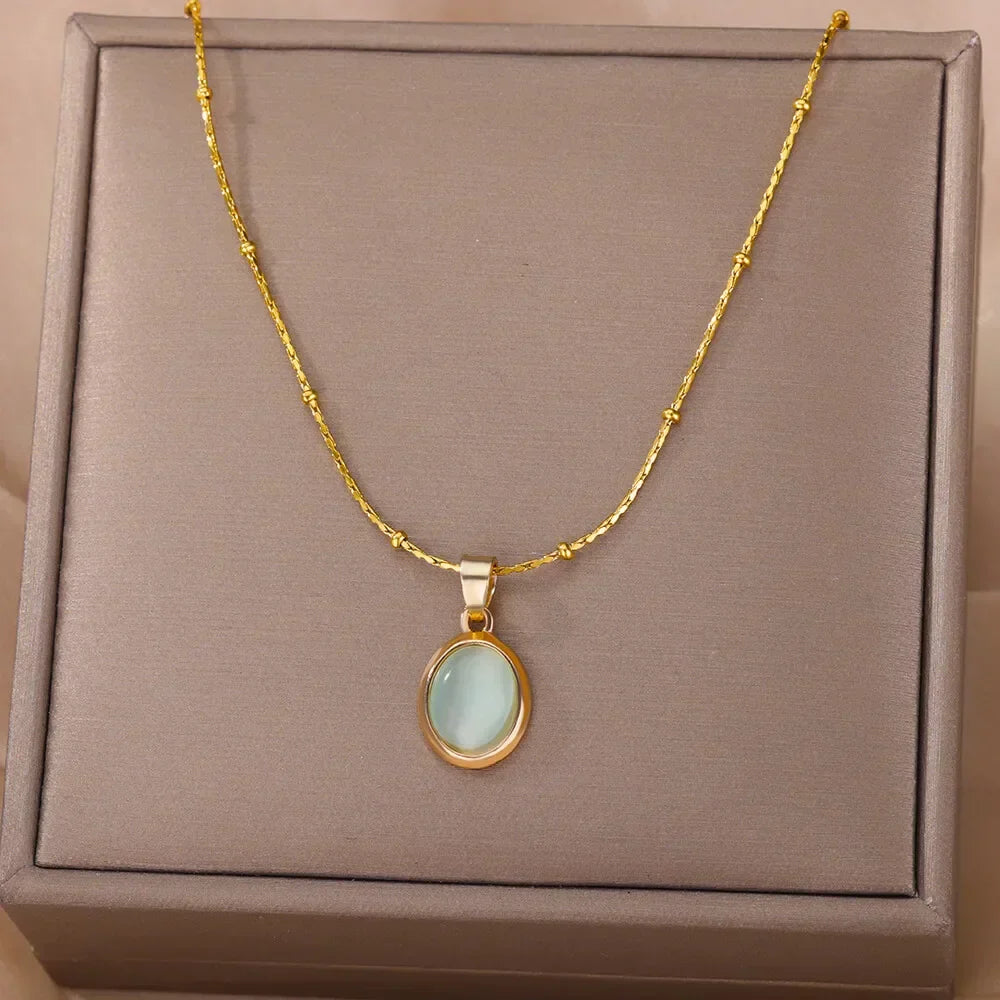 Elegant Guld Rostfritt Stål Vattendroppe Opal Hänge Halsband