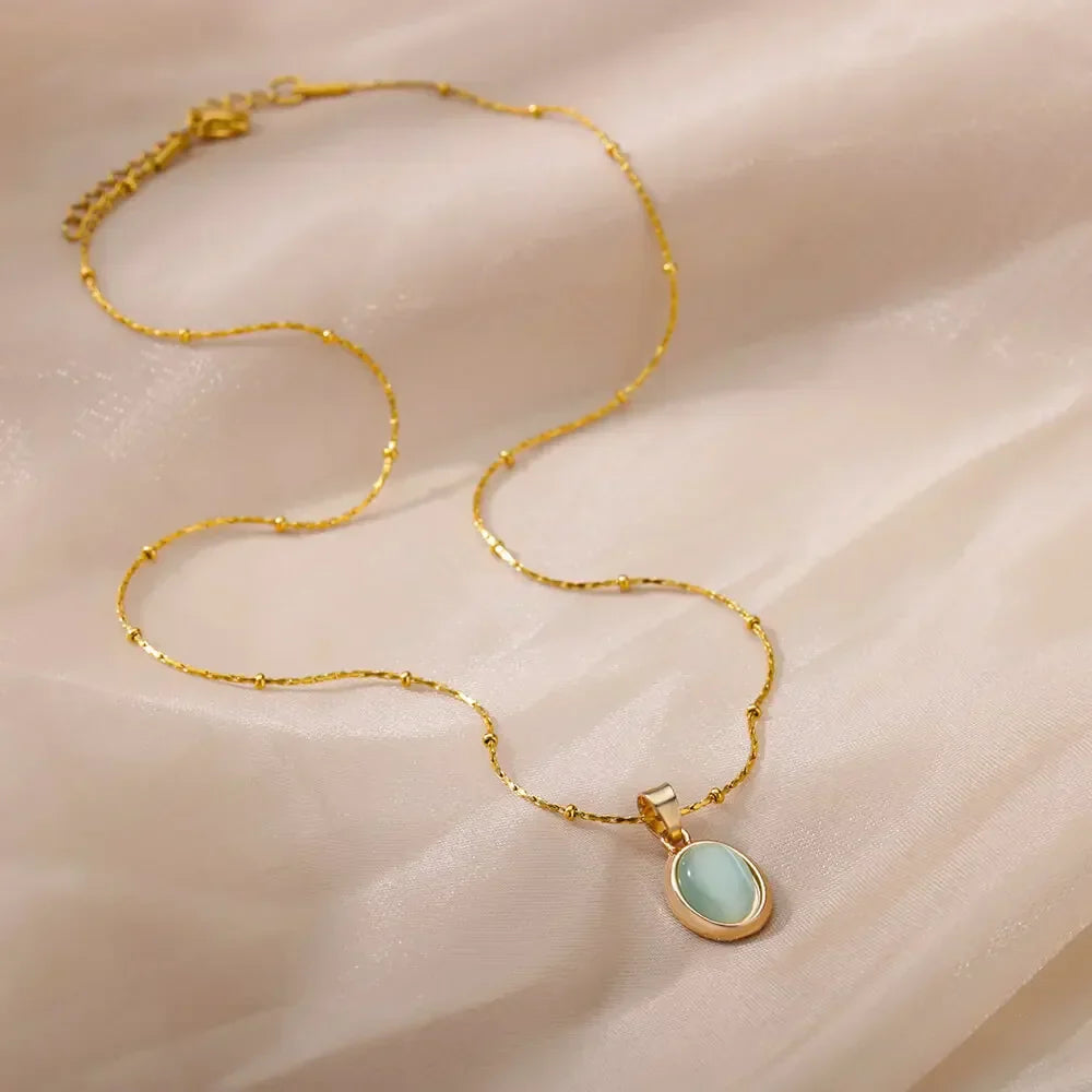 Elegant Guld Rostfritt Stål Vattendroppe Opal Hänge Halsband