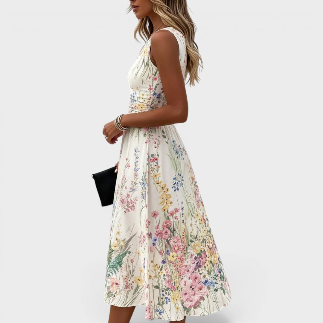 Pia | Ärmlös Blommig Midi Klänning