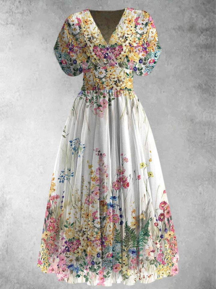 Rebecca | Kortärmad Blommig Maxiklänning