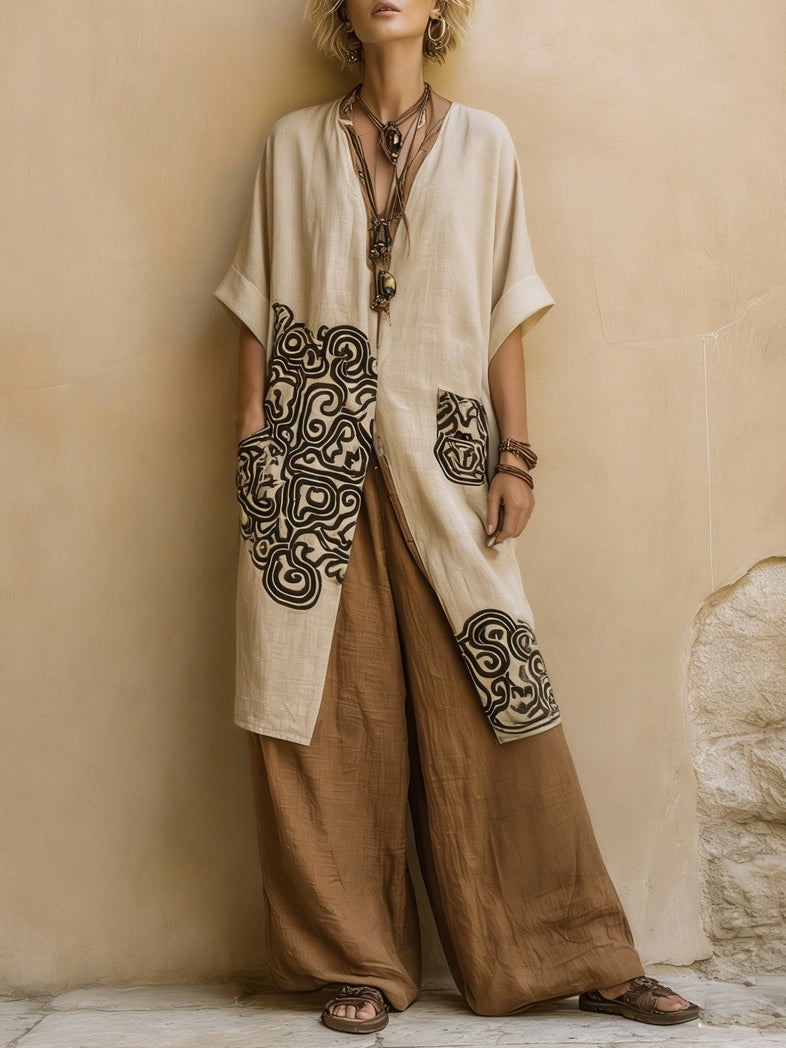 Juliette | Tre-delad nomadisk bohemisk outfit i mörkgrå och brun med tribalmönster