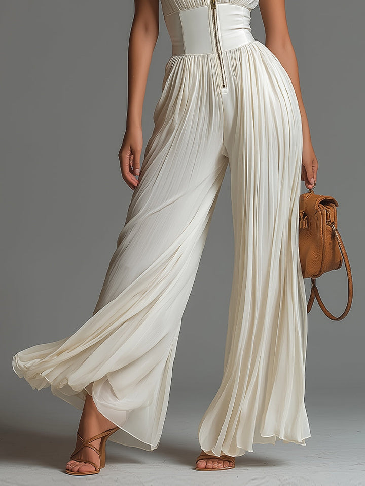 Serena | Vit Plisserad Chiffong Jumpsuit