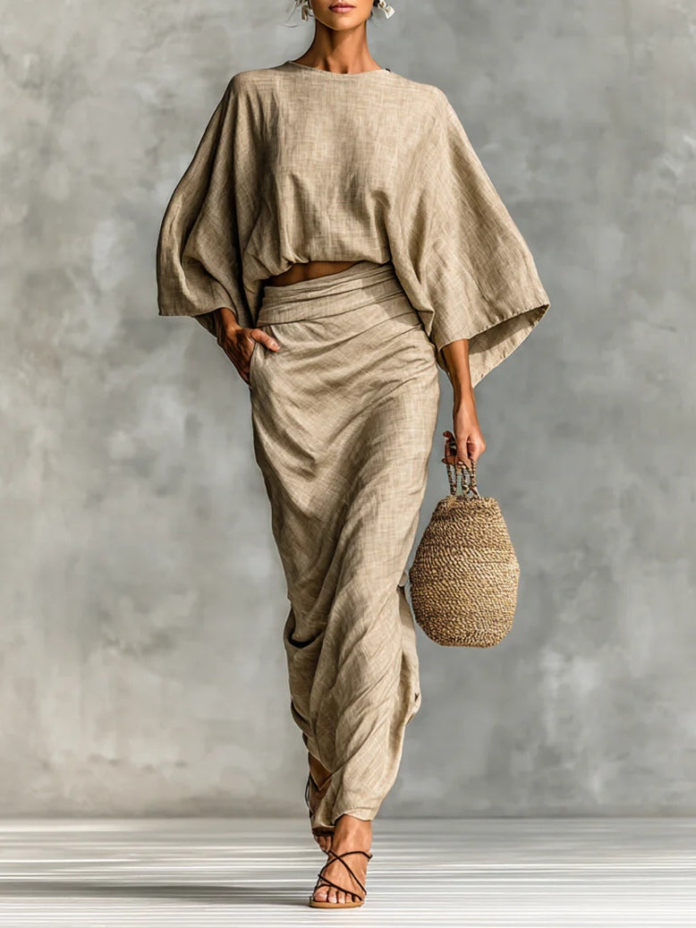 Willow | Beige Tvådelad Set med Batwing Topp och Lång Kjol för Enkelt Elegans