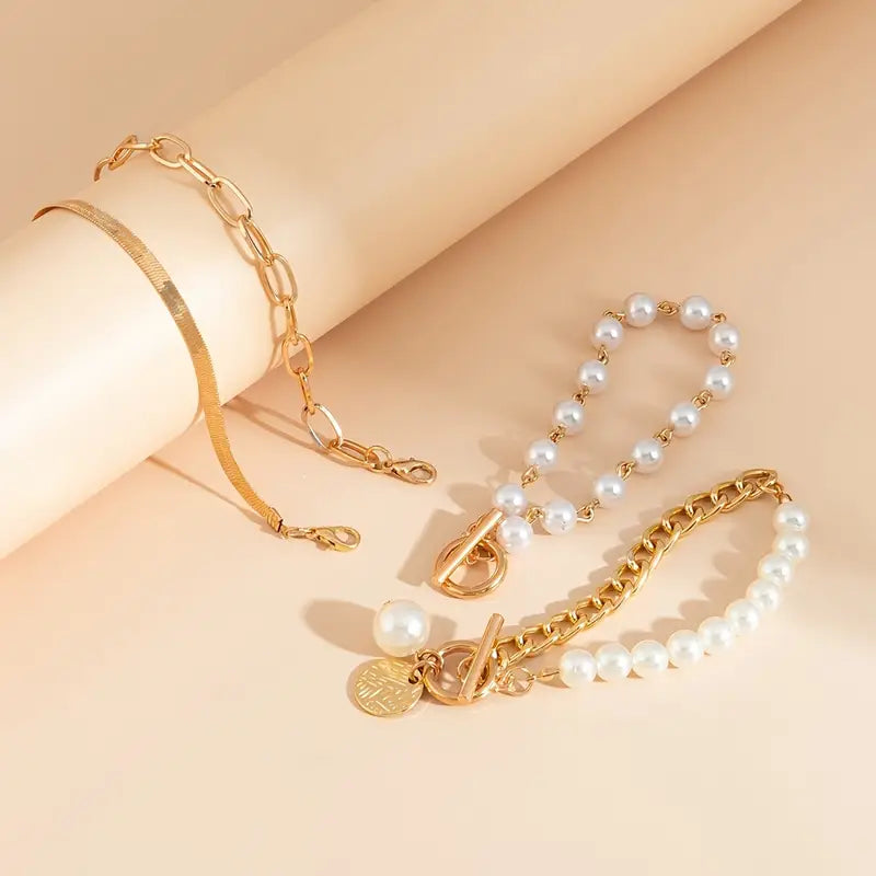 Chic Guld 4-delars Armband Set - Orm, Pärlor & Länkar | Guld