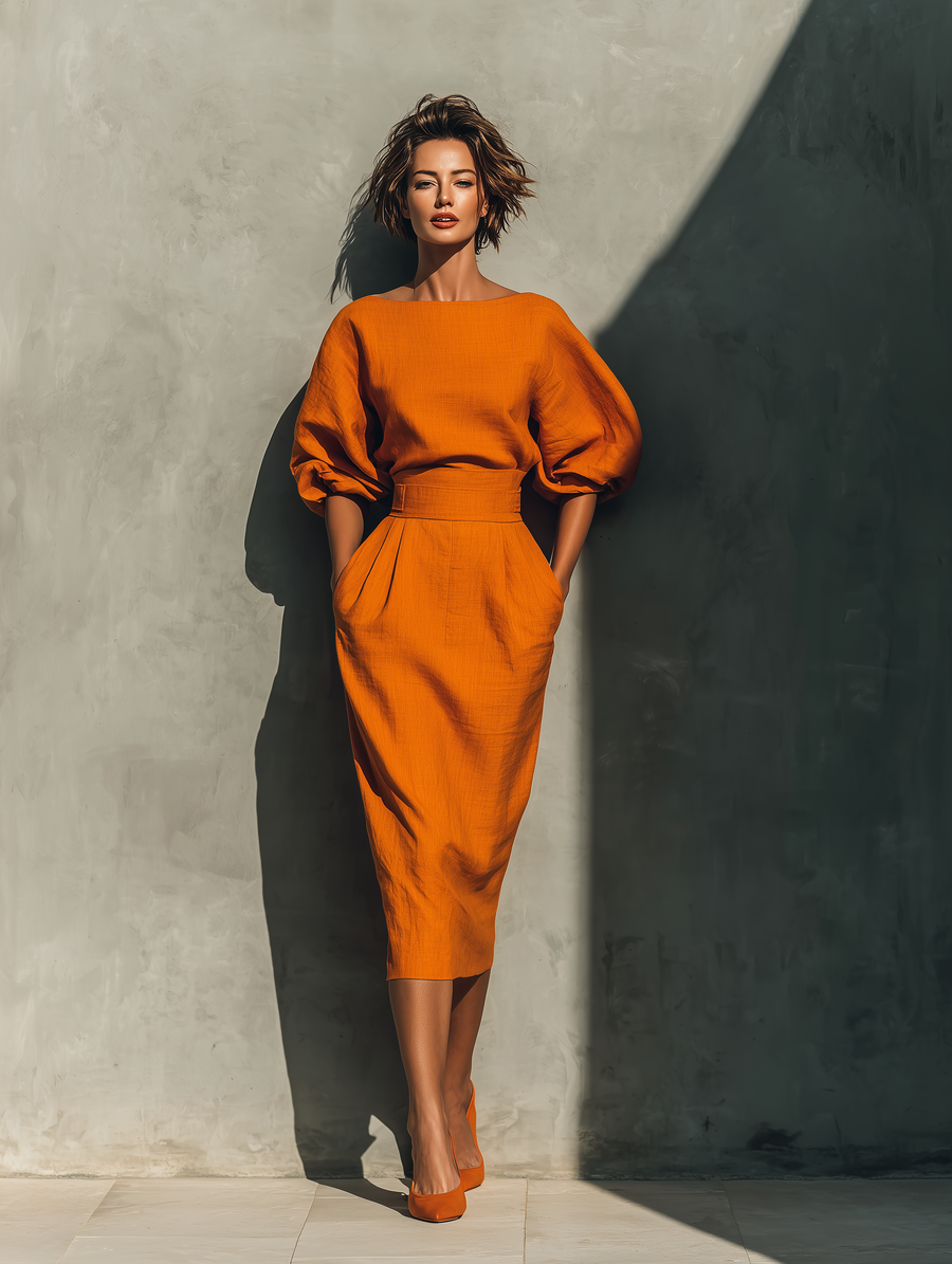 Tyra | Orange Midjemudd Top och Midi Kjol Set