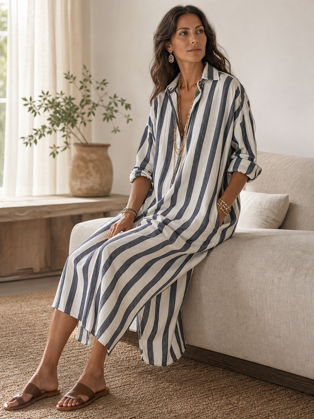 Elisabeth | Avslappnad Randig Skjorta Bohemisk Stil Maxi Klänning