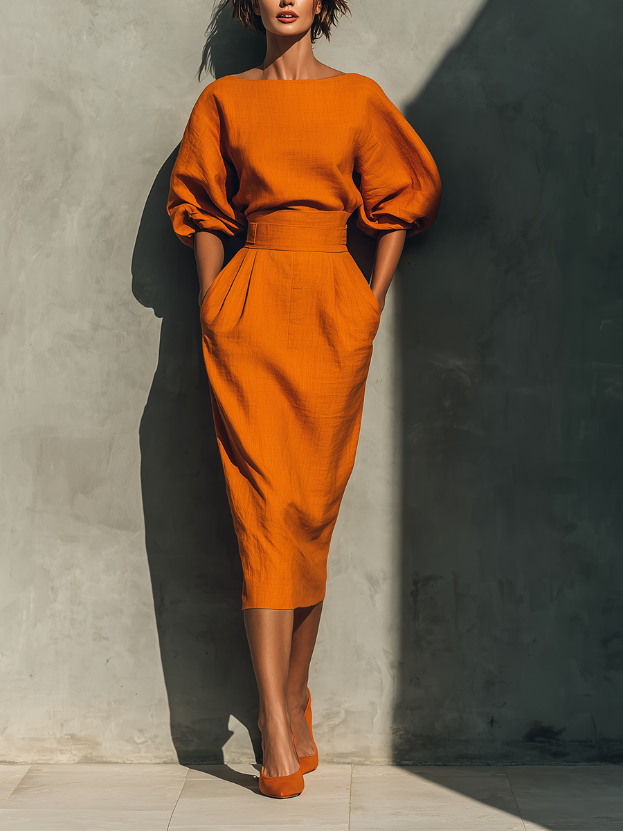 Tyra | Orange Midjemudd Top och Midi Kjol Set