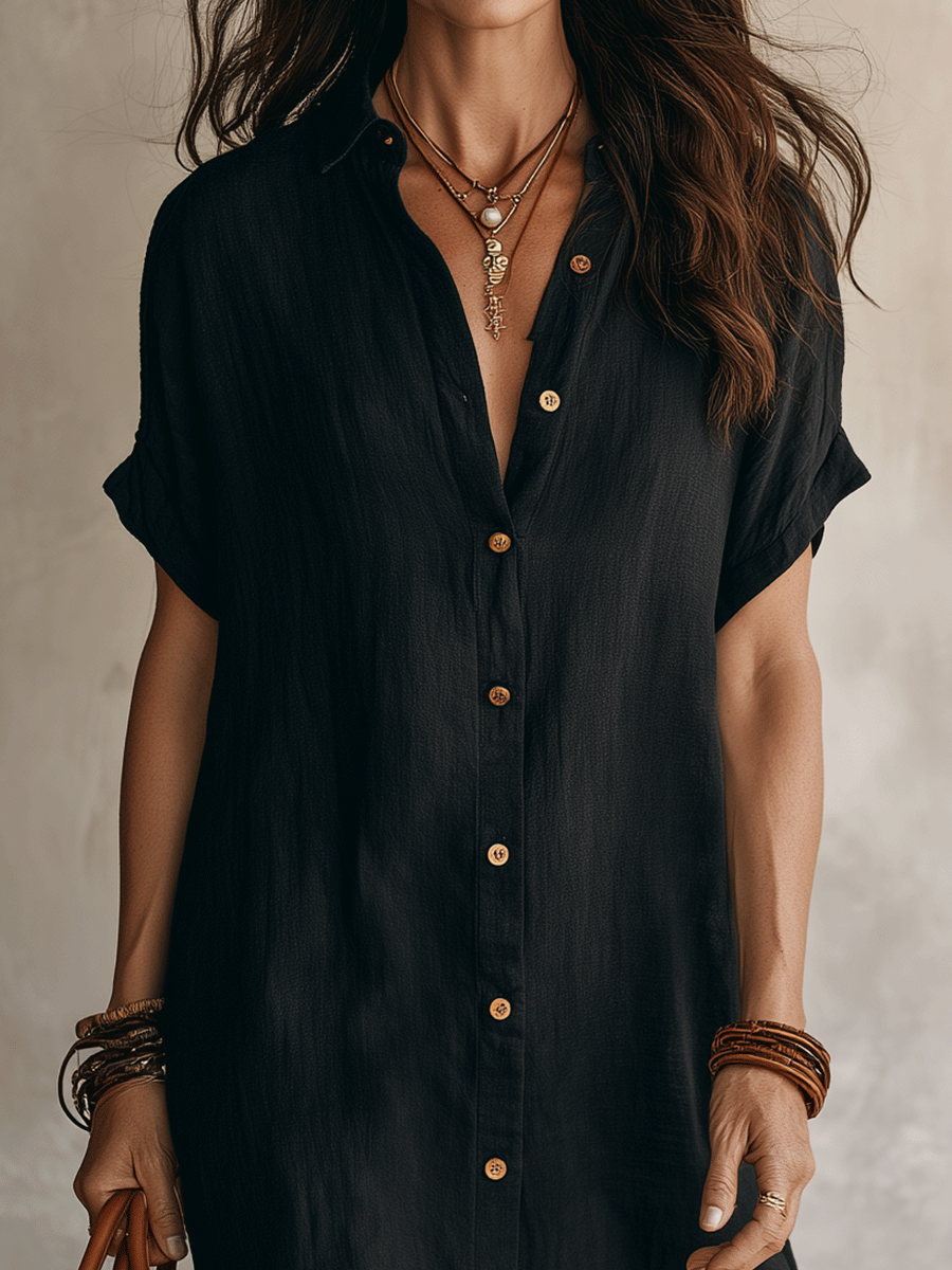 Kassandra | Modern Boho Avslappnad Svart Linne Midi Klänning