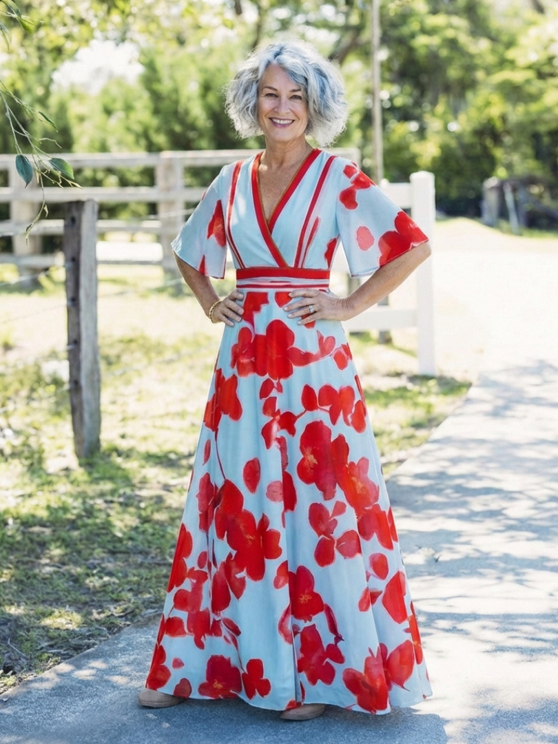 Corinne | Blommig klänning med kort ärm och V-ringning