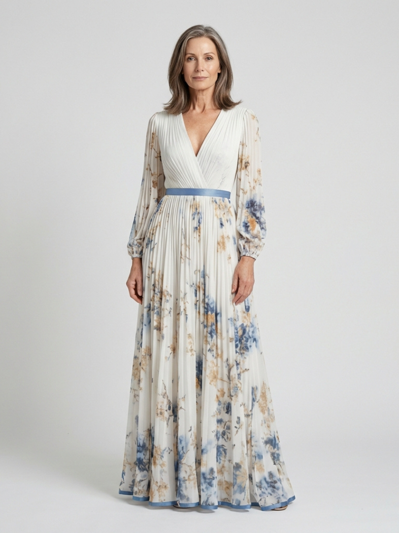 Lavinia | Maxiklänning med långa ärmar och V-ringning med blommönster