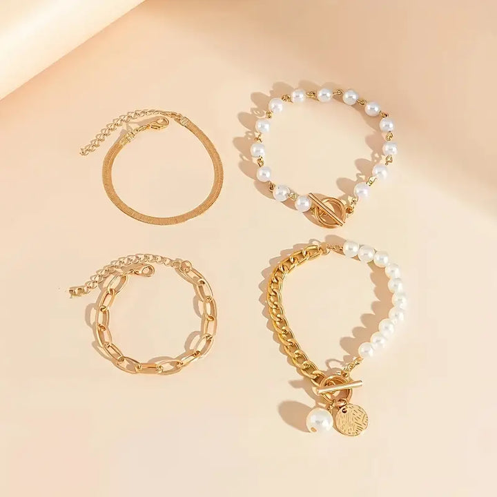 Chic Guld 4-delars Armband Set - Orm, Pärlor & Länkar | Guld