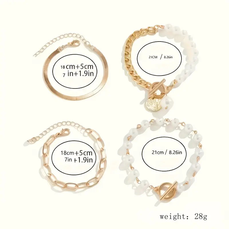 Chic Guld 4-delars Armband Set - Orm, Pärlor & Länkar | Guld