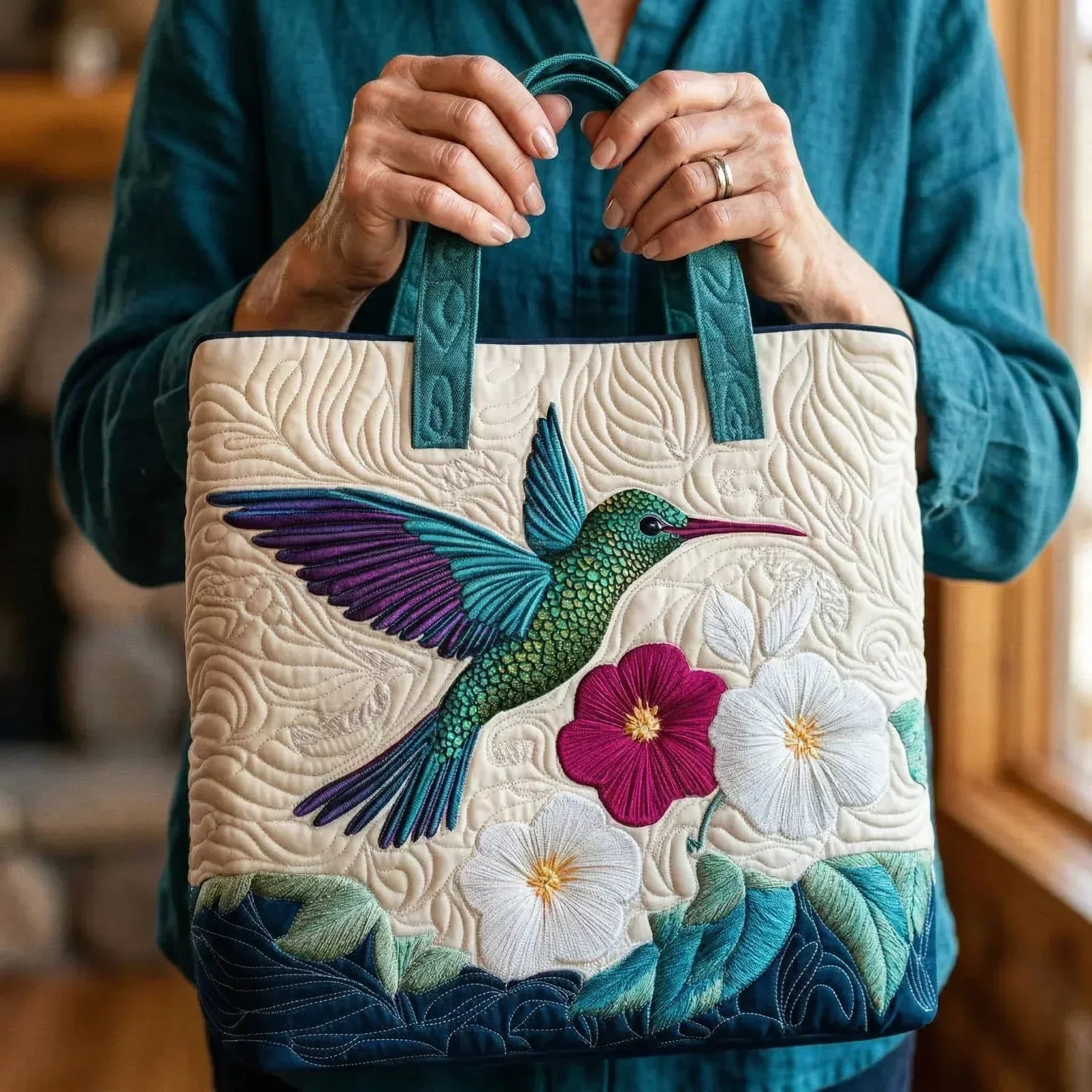 Rebecka | Vadderad Väska - Kolibri och Vit Blomma