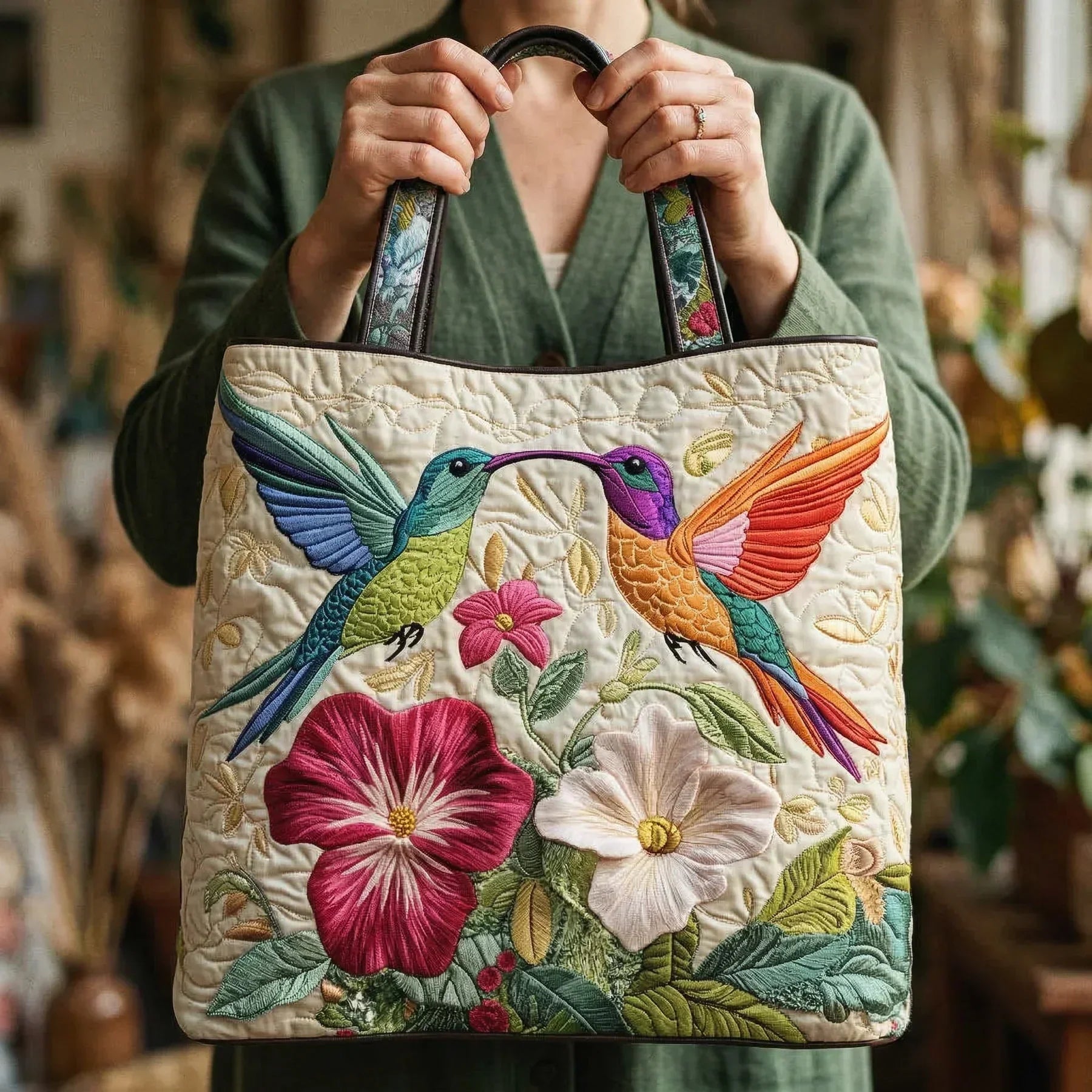 Ingrid | Vadderad Väska - Kolibri och Vita Blommor
