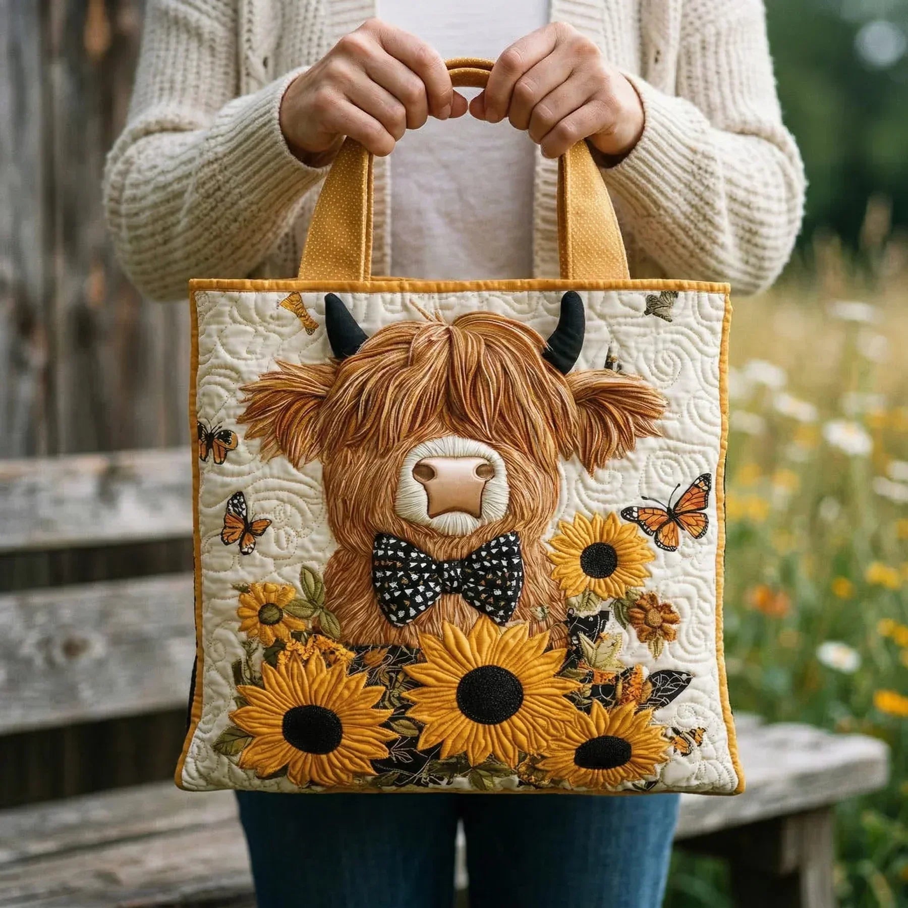 Anneli | Vadderad Väska - Highland Ko med Solrosor