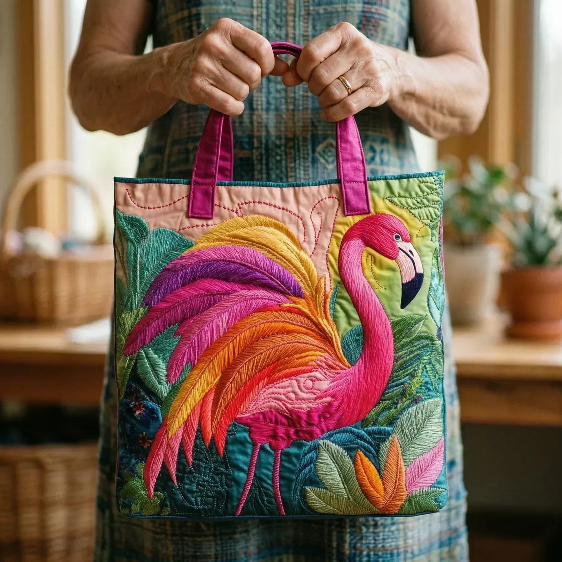Linnea | Quiltad Tote Väska - Regnbågsflamingo