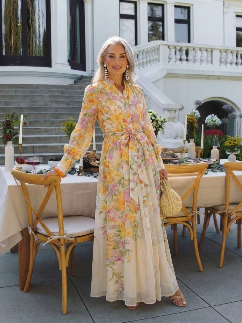 Cressida | Maxiklänning med blommönster och transparenta långärmar